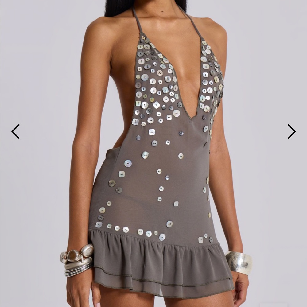Backless Halter Mini Dress with Sequin Detail - Gray
